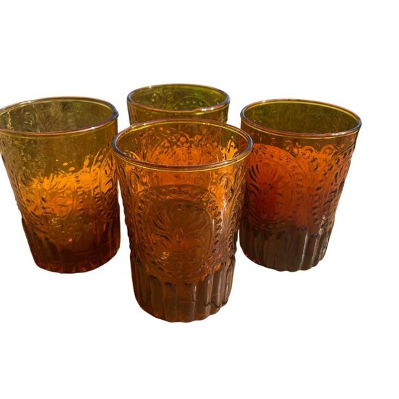 12 Oz Amber Flat Tumbler Fleur de Lis by Anthropologie Glass - Picture 1 of 4